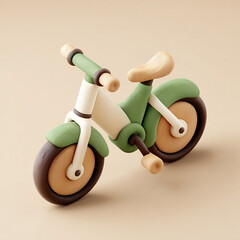 Cute illustration of a green and beige children's balance bike. Perfect for kids' product design, websites, apps, and social media. Minimalist style, ideal for branding and advertising.