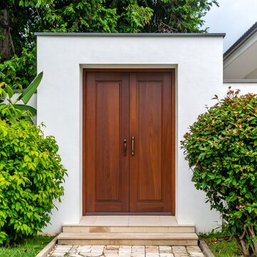 Elegant wooden double doors in a white wall, surrounded by greenery
