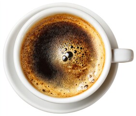 Aerial view of a cup of dark coffee on a white saucer against a white backdrop. Shallow depth of field