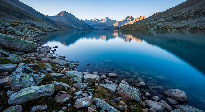 Alpine lake at dawn with mountain reflections - Powered by Adobe