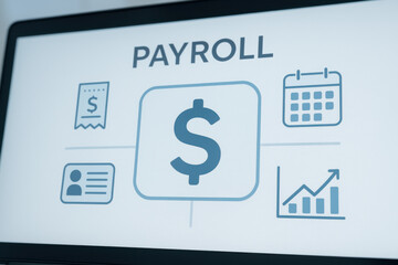 Payroll concept with dollar sign, calendar, receipt, ID card, and growth chart icons on screen
