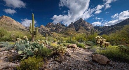 Arid desert landscape featuring cacti, rocky terrain, and mountain peaks against a vibrant blue sky with scattered clouds