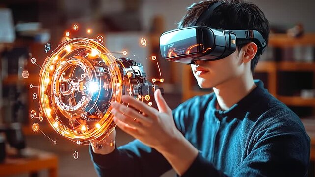 young man wears advanced VR headset with engaging vibrant glowing holographic interface for augmented reality virtual reality innovation future tech metaverse digital transformation concept - Powered by Adobe