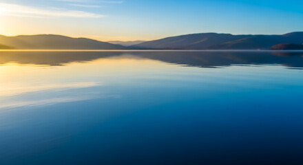 Calm lake at sunrise reflecting mountains