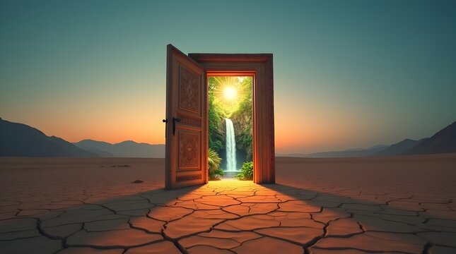 A surreal open door in a desolate cracked desert reveals a vibrant waterfall paradise, a gateway to a new world of hope and opportunity