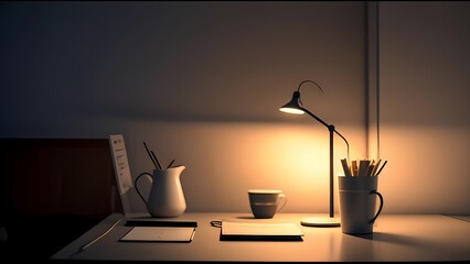 A cozy workspace is lit by a desk lamp, casting a warm glow on stationery, a pitcher, and a mug. The scene evokes a sense of calm and creativity.