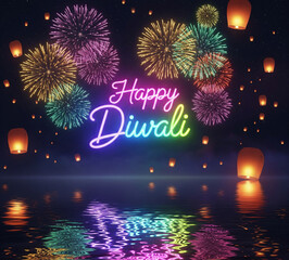 Glowing neon script ‘Happy Diwali’ floating above a night sky full of sparkling fireworks and glowing lanterns, reflection on water, dreamy magical festive atmosphere, ultra-detailed