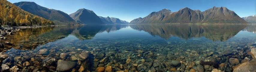 Serene panorama of a still lake reflecting distant mountains under a clear blue sky, with rocks visible through the clear water at the shoreline