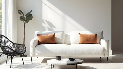 Modern living room serenity a white sofa, accent chair, and natural light create a peaceful, stylish ambiance