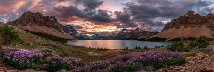 Scenic vista of a mountain lake, wildflowers in bloom, clouds at sunset