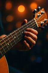 Obraz premium Guitar fretboard with hand playing music in warm light creating cozy atmosphere