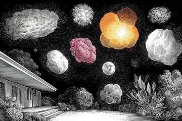 Artistic depiction of various stylized viral particles and microscopic structures floating against a starry night sky with plants and a building in the foreground