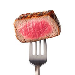 Piece of grilled steak on a fork isolated on transparent background