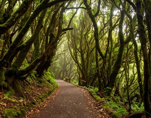 Fototapeta premium A winding path meanders through a lush, mossy forest, sunlight filtering through the canopy.