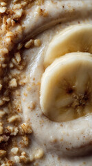 Macro Shot of Thick Banana Oatmeal Smoothie with Visible Oat Flakes and Banana Swirls in Warm Indoor Lighting