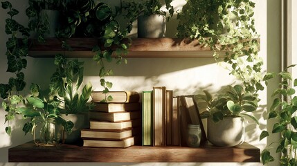 Wooden shelves with potted plants and books in a sunlit room.
