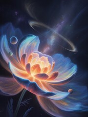 A vibrant flower blooms amidst a cosmic expanse, illuminated by ethereal light and celestial rings.