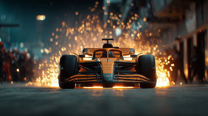 Front view of formula one race car with glowing sparks representing high speed extreme performance motorsport competition power adrenaline technology and modern automotive engineering style

