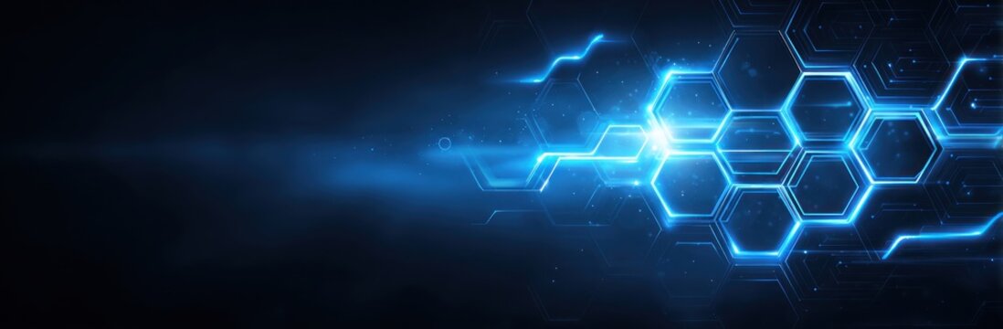 Abstract futuristic illustration with glowing blue hexagons connected by intricate lines on a dark blue background, creating a technological effect - Powered by Adobe