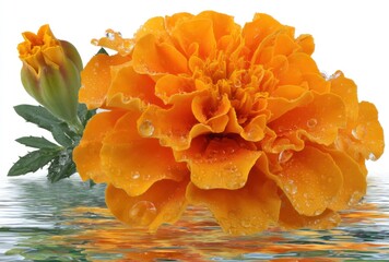 Bright orange marigold bloom and bud reflect in rippling water, set against a stark white background