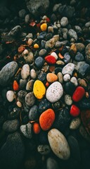 Close-up view of colorful pebbles on the ground.