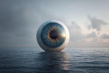 A vast sea with a giant eye floating on the surface