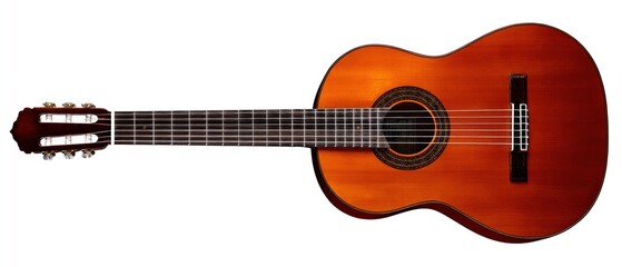 An isolated, tan-colored, six-string acoustic guitar is displayed on a white background, with the headstock to the left