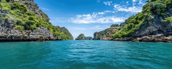 Turquoise water flows between green-topped cliffs beneath a partly cloudy sky, forming a serene tropical seascape