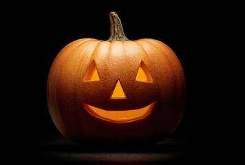 Carved pumpkin with a happy face illuminated against a dark background, perfect for a festive, spooky vibe