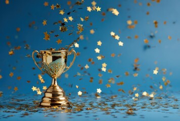 Golden trophy sits, showered by falling gold stars on a blue backdrop, suggesting success and celebration