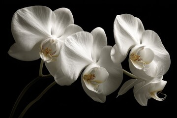 Three elegant white orchids against black