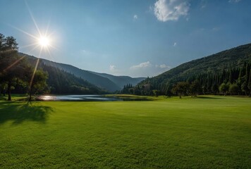 Sunny valley with lush green grass leads to a serene lake against rolling hills and a clear blue sky with fluffy clouds