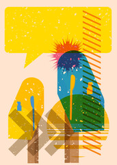 Risograph Mailbox with speech bubble with geometric shapes. Objects in trendy riso graph print texture style design with geometry elements.