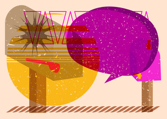 Risograph Mailbox with speech bubble with geometric shapes. Objects in trendy riso graph print texture style design with geometry elements.