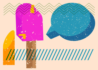 Risograph Mailbox with speech bubble with geometric shapes. Objects in trendy riso graph print texture style design with geometry elements.