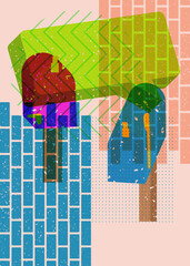 Risograph Mailbox with speech bubble with geometric shapes. Objects in trendy riso graph print texture style design with geometry elements.