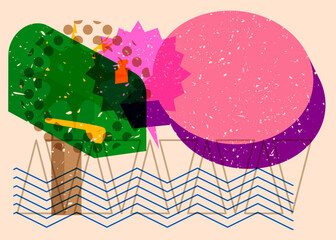Risograph Mailbox with speech bubble with geometric shapes. Objects in trendy riso graph print texture style design with geometry elements.