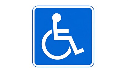 A simple, square, blue sign with a white wheelchair symbol represents accessibility for people with disabilities.
