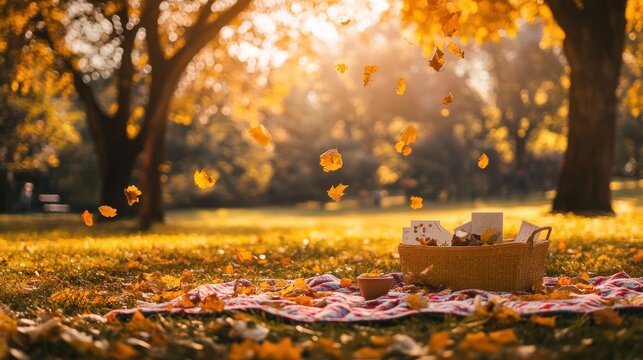 A collection of mindfulness cards spread on a picnic blanket in a park on blurred background