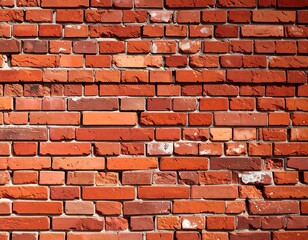 Obraz premium Close-up view of an aged brick wall, showcasing a rich array of warm reddish-brown hues, with visible mortar and subtle variations in tone across the brickwork.