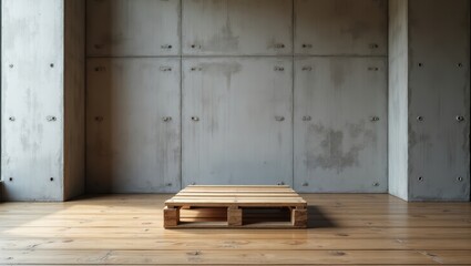 A neutral, modern interior scene showcases a light wooden pallet in a room with gray concrete walls and a light wood floor.