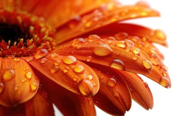 Close-up of a vibrant orange gerbera daisy with water droplets glistening on its petals against a bright white background