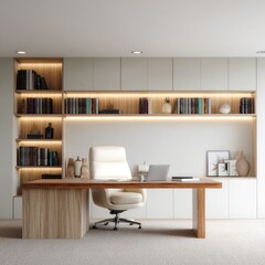 A modern, minimalist home office space with light-toned wooden cabinetry, a cream-colored executive chair, and a laptop on a large, wooden desk, bathed in warm, ambient light.