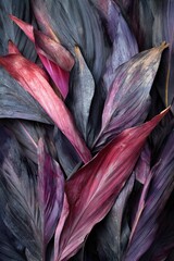 Close-up photo of dark, moody, tropical leaves. Primarily shades of purple, red, and gray. Textured surface and organic pattern