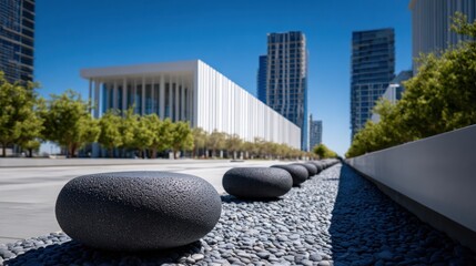 Modern city scene with pebble-shaped seats and skyscrapers on a sunny day, vibrant green trees in the background