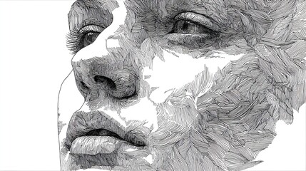 Intricate line drawing of a woman's face, rendered in grayscale, with a feather-like texture covering the skin, suggesting depth and emotion through the detailed 