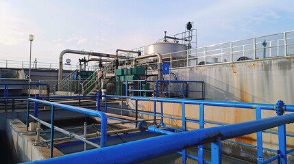 Sewage treatment equipment with metallic tanks, filters, and pipes in gray and blue, installed at a wastewater plant to purify sewage—removing impurities and treating water for safe discharge, equippe