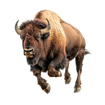 Bison running A bison charges forward with power, body low and legs extended. full length isolate on transparent background