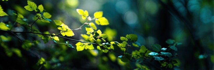 Sunlight streams through leaves of a branch against a dark, blurred background, creating a tranquil, forest-like atmosphere