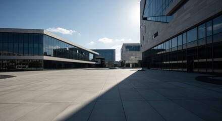 Modern architecture campus courtyard.  Sunlight casts shadows on paved plaza between glass and concrete buildings